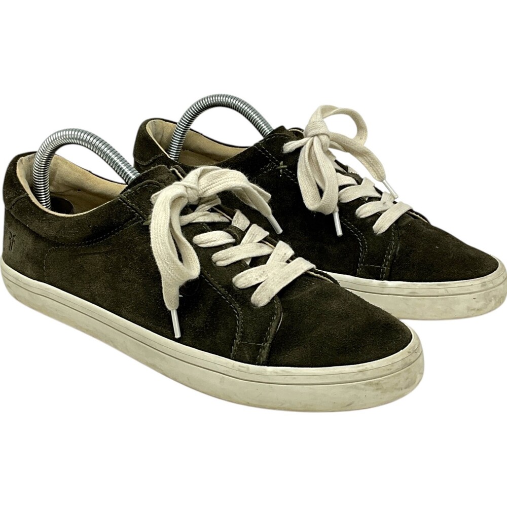 Frye Size 8.5 Kerry Sneakers Dark Green Suede Low Top White Laces Women's - Picture 1 of 16
